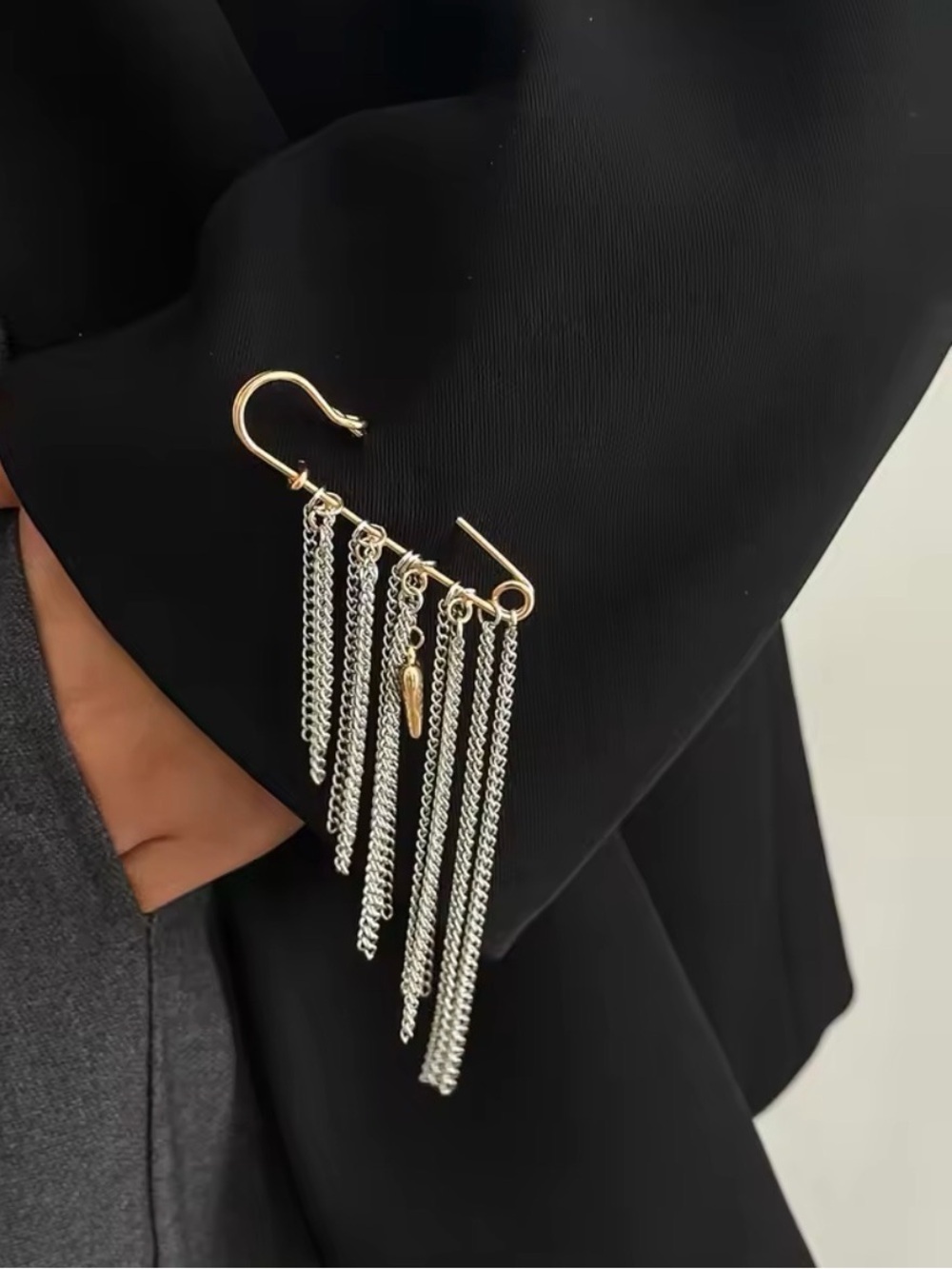 Gold & Silver Heart Tassel Safety-Pin Brooch Pin